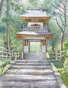 水彩画「鎌倉円覚寺」 水彩画テラス】 鎌倉の風景「秋空に」円覚寺